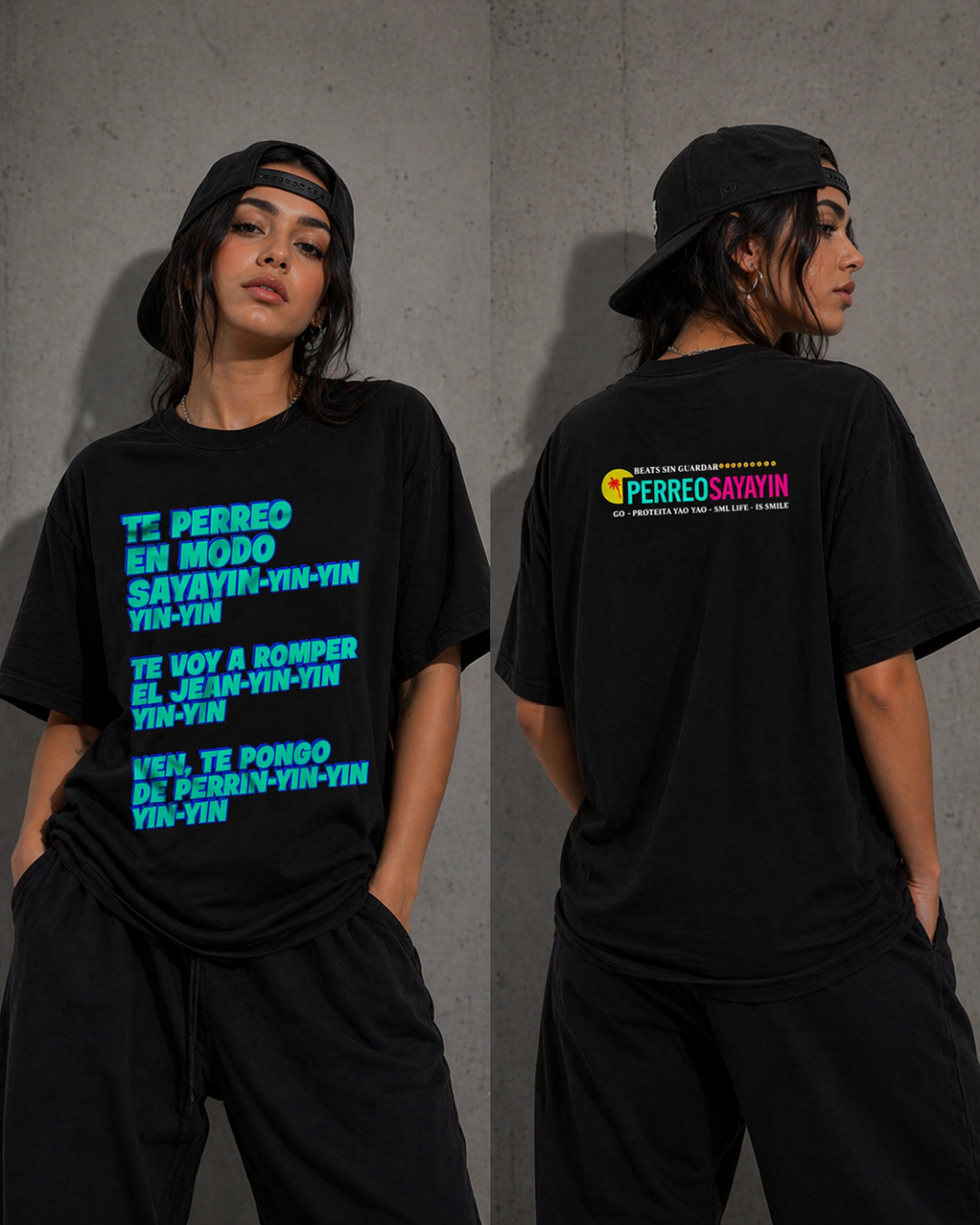 Perreo Sayayin Lyrics Tee Black | Model